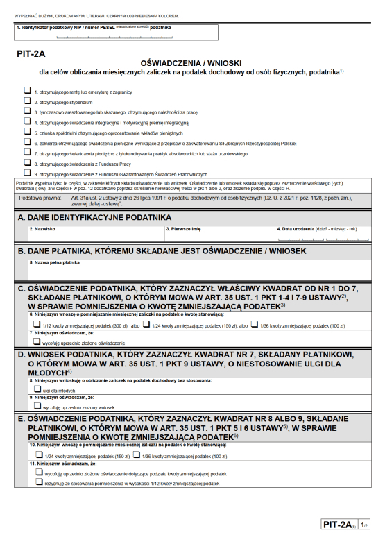 PIT-2A Oświadczenie pracownika dla celów zaliczek na podatek