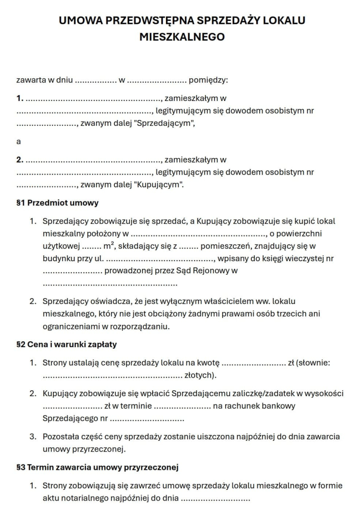 Umowa przedwstępna sprzedaży lokalu mieszkalnego