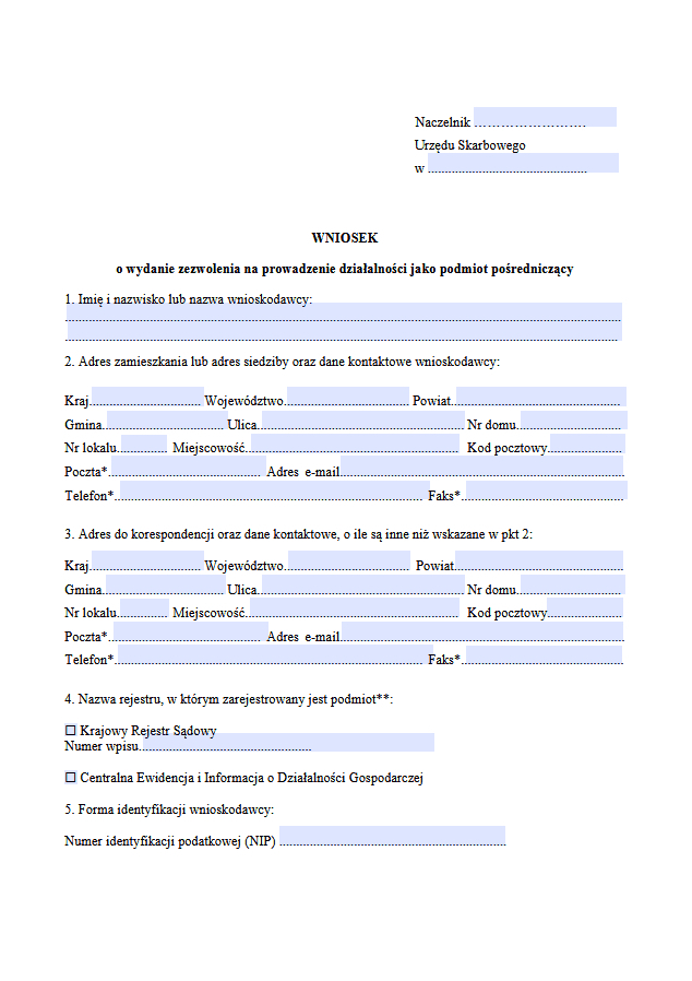 Wniosek o zezwolenie na działalność jako podmiot pośredniczący